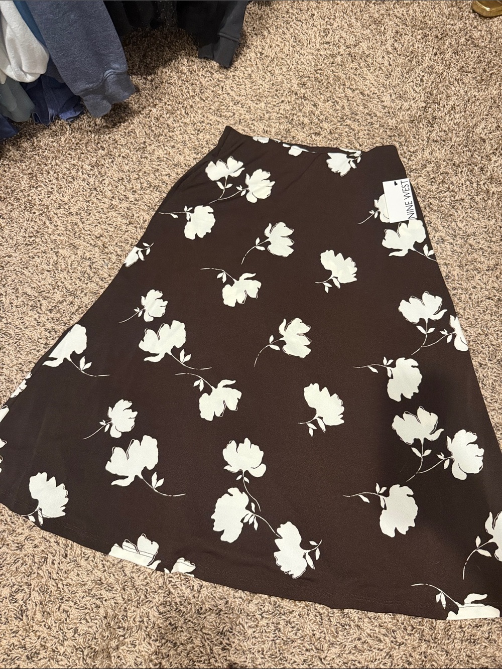 Nine West Brown A-Line Skirt with White Floral Print